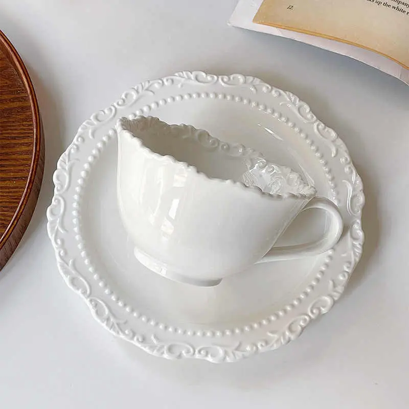 French Embossed Ceramic Coffee Cup And Saucer Retro Afternoon Tea Drinking Set Household Solid Color Latte Cup Dessert Saucer
