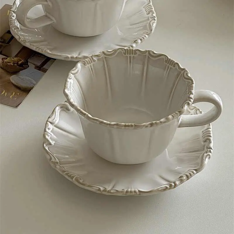 Vintage Kiln Change Coffee Cups Saucers 300ml Relief Afternoon Tea Drinkware Household Breakfast Cups Snack Plates