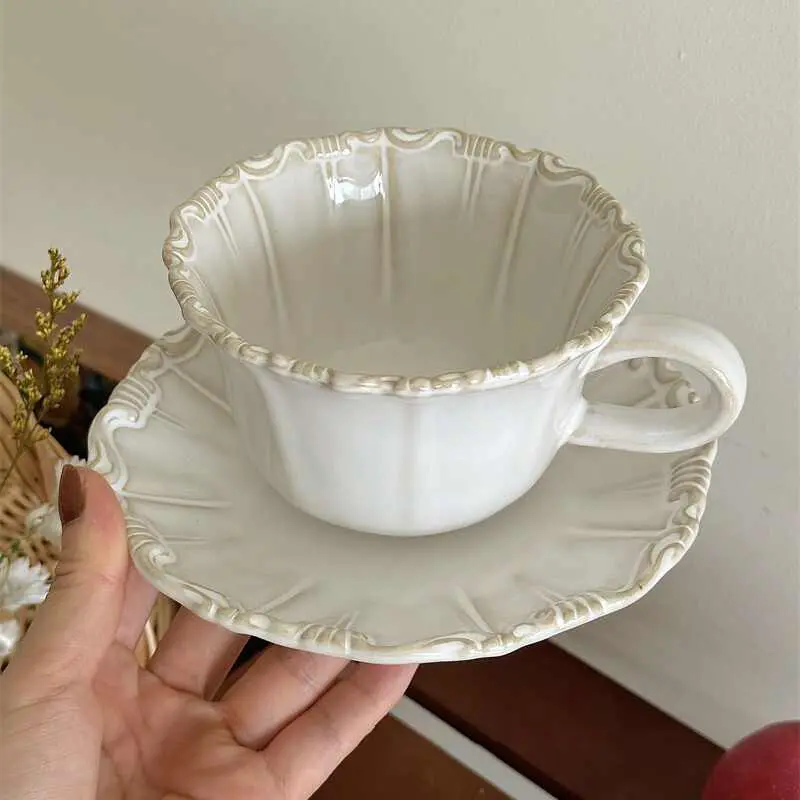 Vintage Kiln Change Coffee Cups Saucers 300ml Relief Afternoon Tea Drinkware Household Breakfast Cups Snack Plates