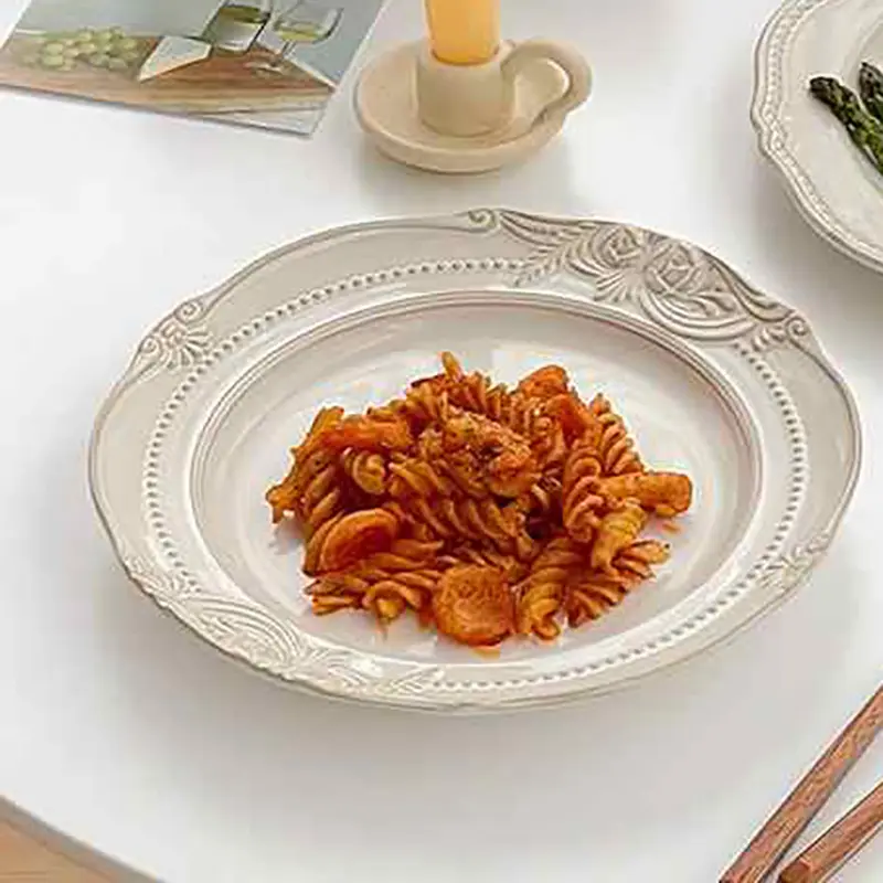 24cm Vintage Relief Ceramic Dinner Plate Exquisite Western Spaghetti Plates Household Breakfast Dish Kitchen Tableware