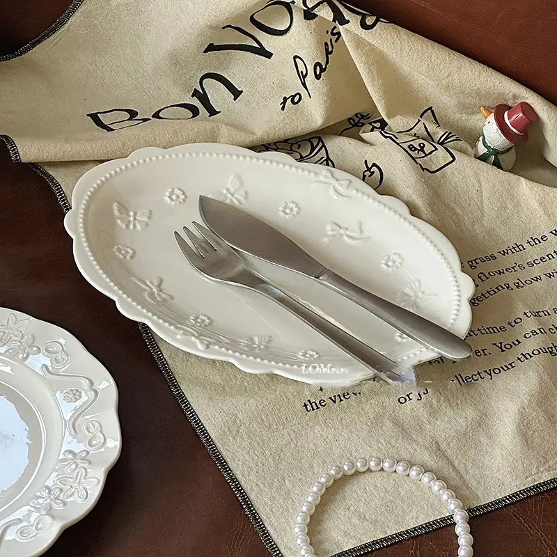 French Relief Western Steak Plate Oval Ceramic White Dessert Afternoon Tea Tableware Luxury Household Breakfast Plate