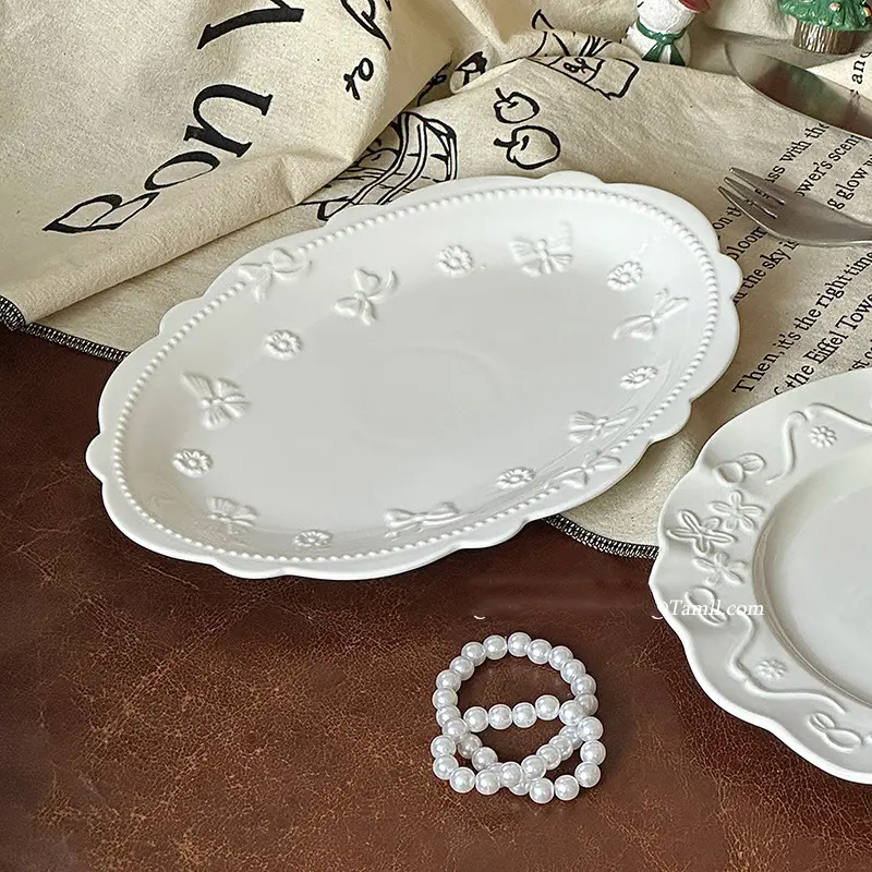French Relief Western Steak Plate Oval Ceramic White Dessert Afternoon Tea Tableware Luxury Household Breakfast Plate