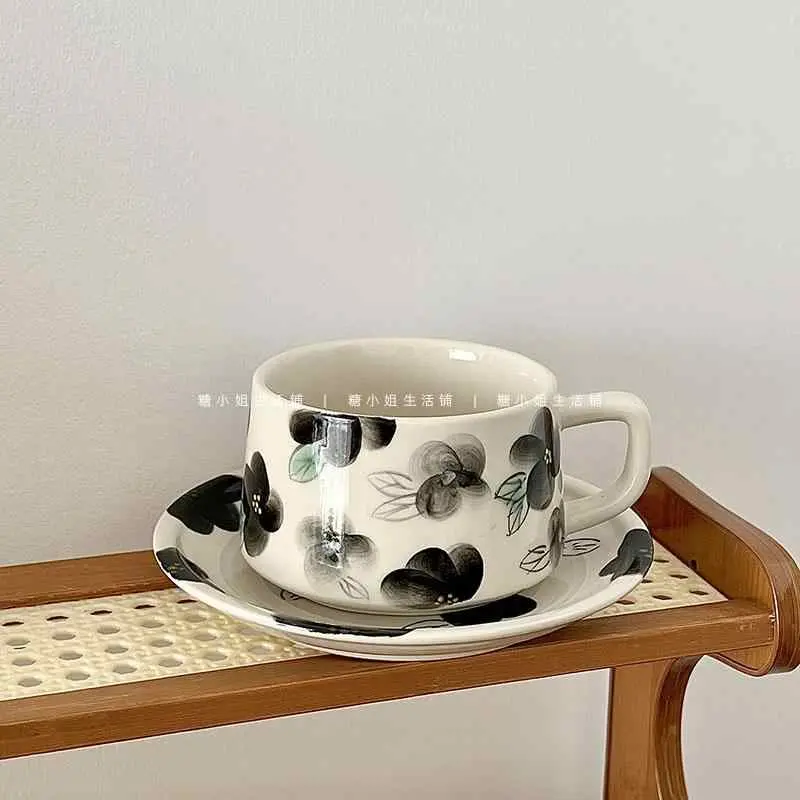 Ink Painting Ceramic Coffee Cups And Saucers For Home Use 300ml Afternoon Tea Cups Snack Plates Girls Gift