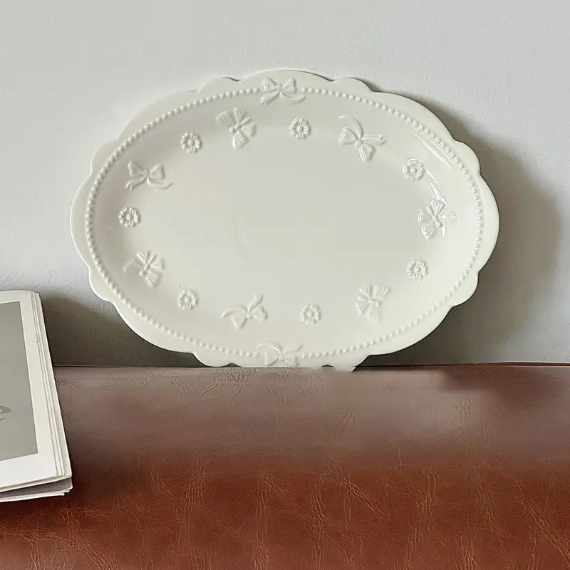 French Relief Western Steak Plate Oval Ceramic White Dessert Afternoon Tea Tableware Luxury Household Breakfast Plate