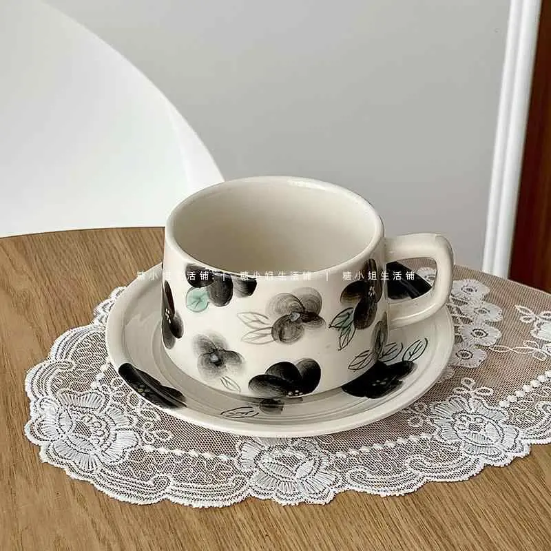 Ink Painting Ceramic Coffee Cups And Saucers For Home Use 300ml Afternoon Tea Cups Snack Plates Girls Gift