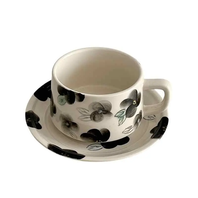 Ink Painting Ceramic Coffee Cups And Saucers For Home Use 300ml Afternoon Tea Cups Snack Plates Girls Gift
