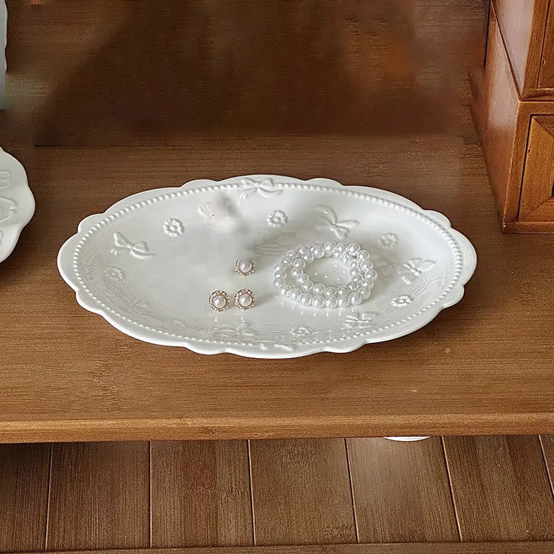 French Relief Western Steak Plate Oval Ceramic White Dessert Afternoon Tea Tableware Luxury Household Breakfast Plate