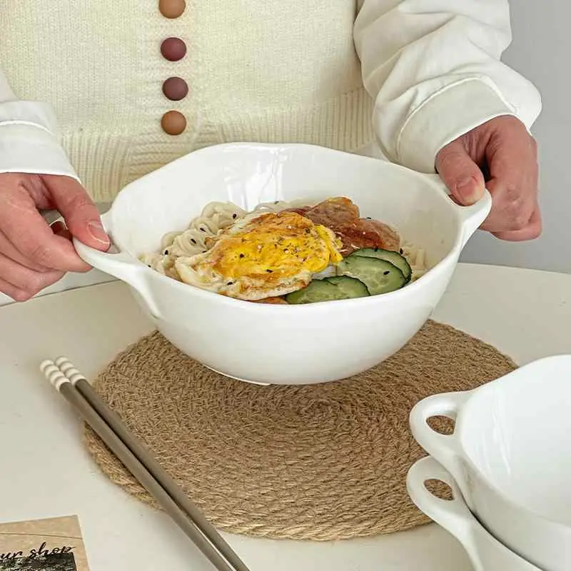 Simple White Irregular Ceramic Binaural Bowl Large Capacity Noodle Bowls Solid Colour Fruit Salad Bowl Home Ramen Bowl