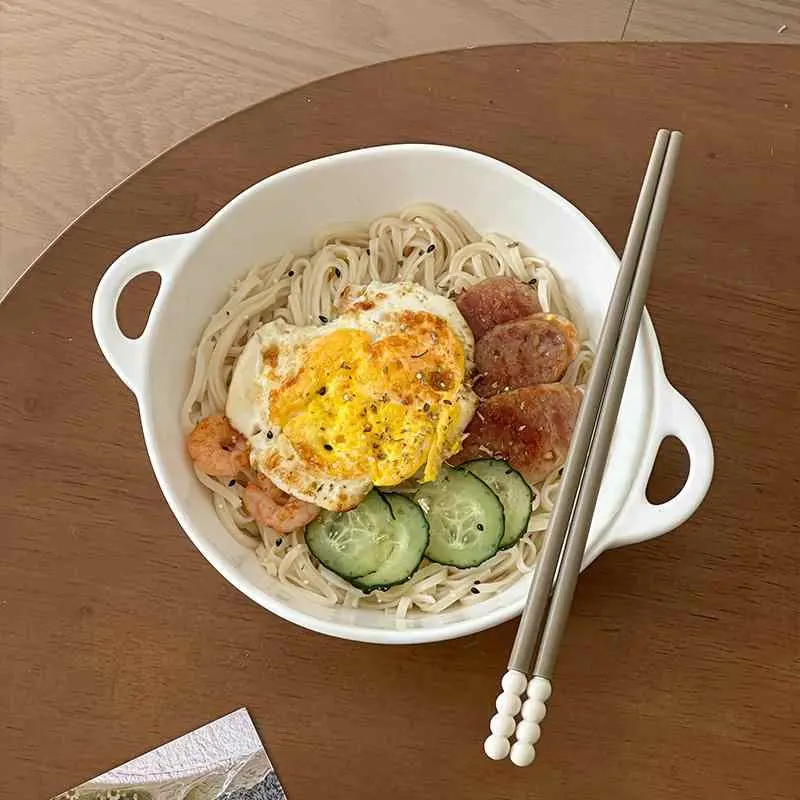 Simple White Irregular Ceramic Binaural Bowl Large Capacity Noodle Bowls Solid Colour Fruit Salad Bowl Home Ramen Bowl