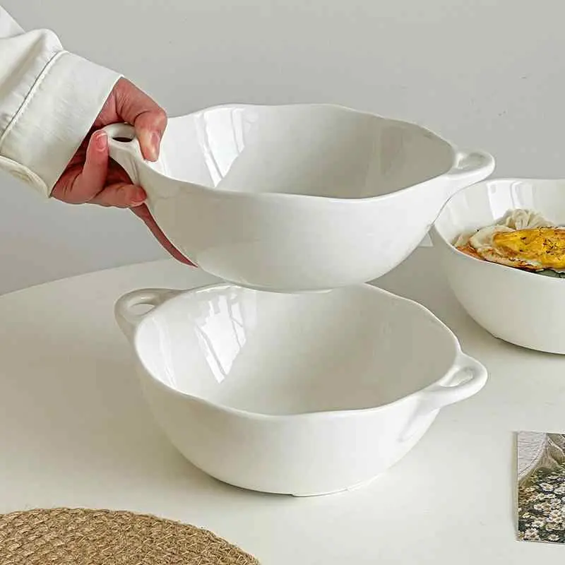Simple White Irregular Ceramic Binaural Bowl Large Capacity Noodle Bowls Solid Colour Fruit Salad Bowl Home Ramen Bowl