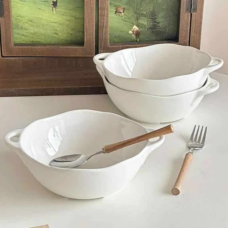 Simple White Irregular Ceramic Binaural Bowl Large Capacity Noodle Bowls Solid Colour Fruit Salad Bowl Home Ramen Bowl
