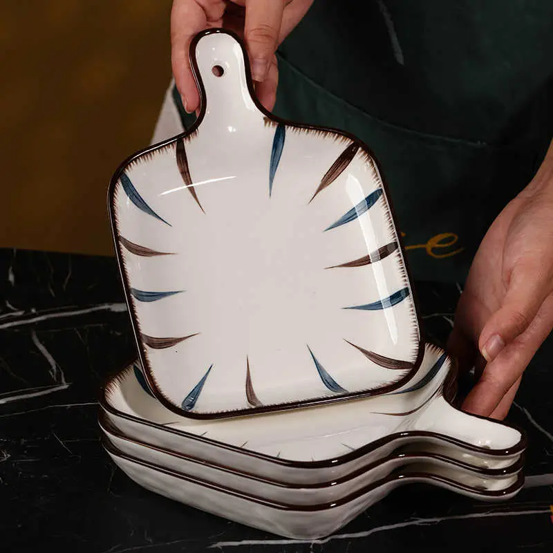 Creative Ceramic Square Dumpling Disc Japanese French Fries With Dipping Dish Household Single-handle Plate Kitchen Supplies