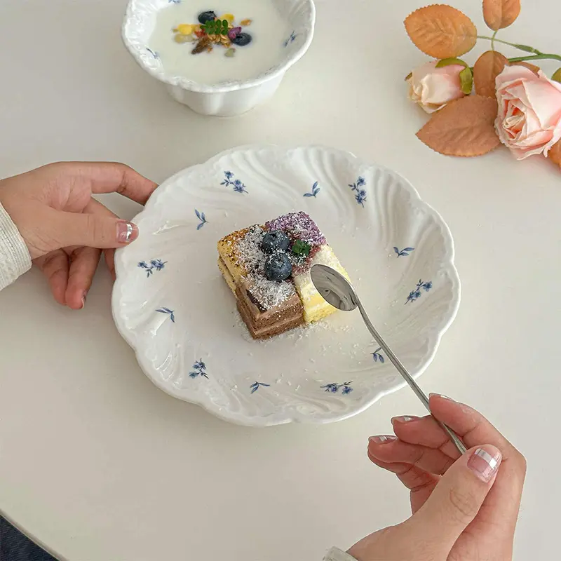 French Floral Print Ceramic Tableware Exquisite Breakfast Yoghurt Bowl Western Steak Pasta Plate Afternoon Tea Snack Dish