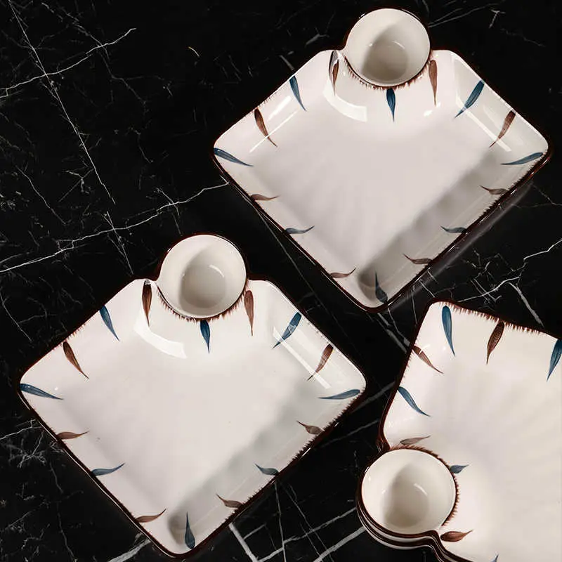 Creative Ceramic Square Dumpling Disc Japanese French Fries With Dipping Dish Household Single-handle Plate Kitchen Supplies