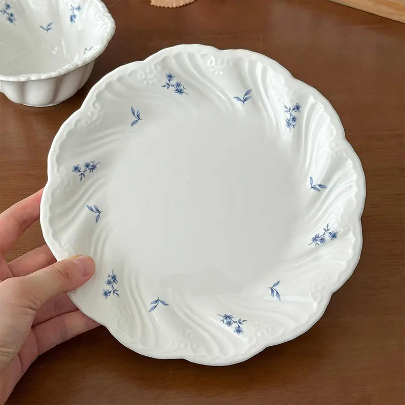 French Floral Print Ceramic Tableware Exquisite Breakfast Yoghurt Bowl Western Steak Pasta Plate Afternoon Tea Snack Dish