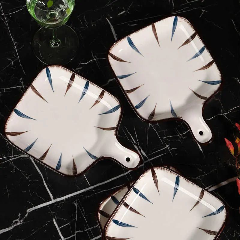 Creative Ceramic Square Dumpling Disc Japanese French Fries With Dipping Dish Household Single-handle Plate Kitchen Supplies