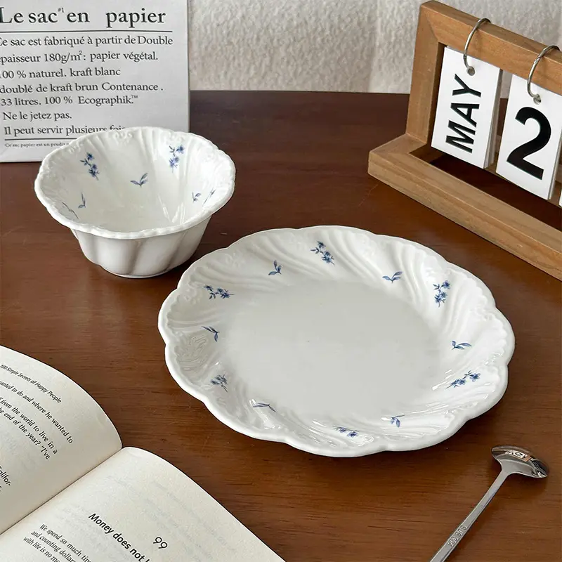 French Floral Print Ceramic Tableware Exquisite Breakfast Yoghurt Bowl Western Steak Pasta Plate Afternoon Tea Snack Dish