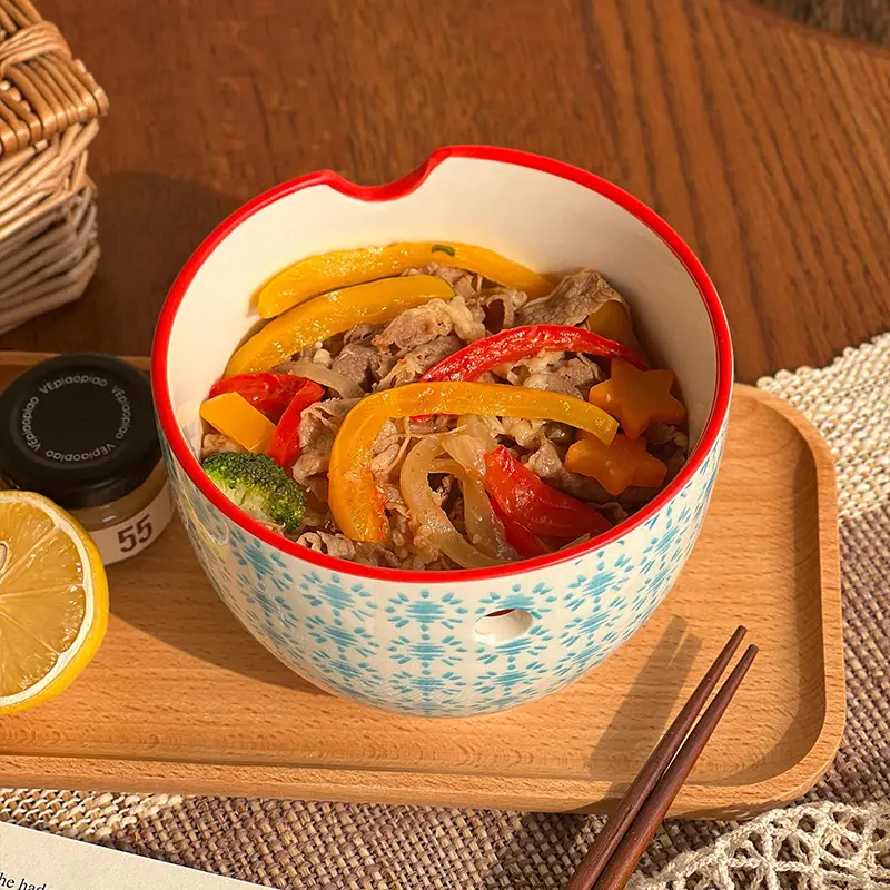 Japanese Blue Print Ceramic Breakfast Bowl Creative With Holes Noodle Bowls Household Simple Rice Bowl Tableware