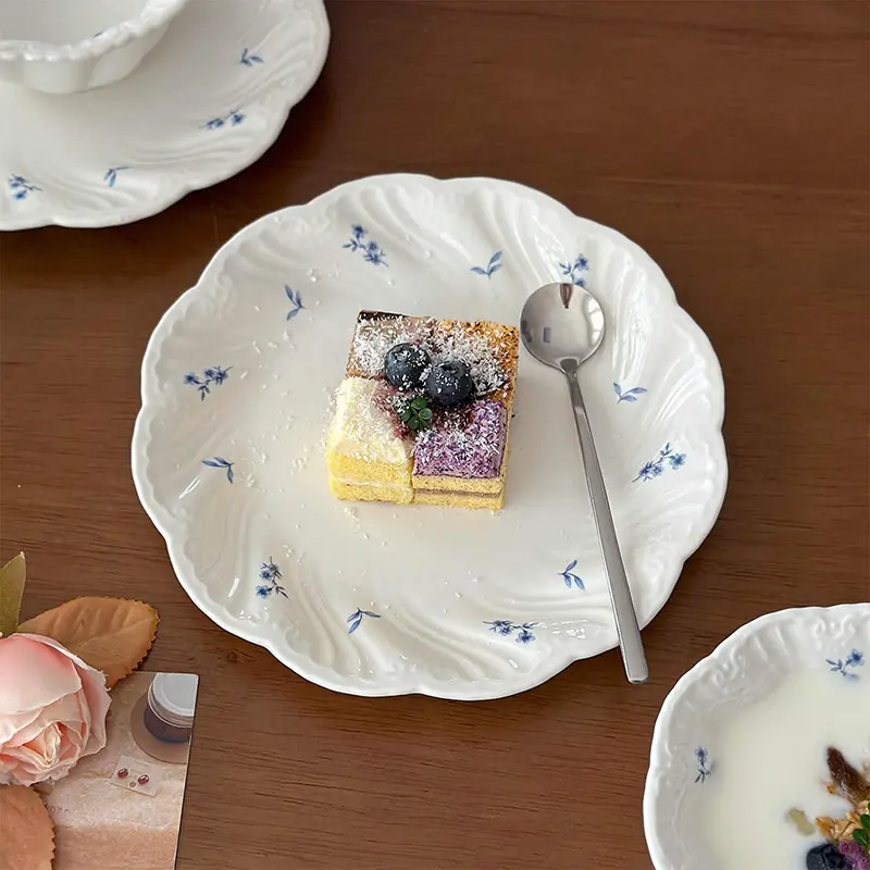 French Floral Print Ceramic Tableware Exquisite Breakfast Yoghurt Bowl Western Steak Pasta Plate Afternoon Tea Snack Dish