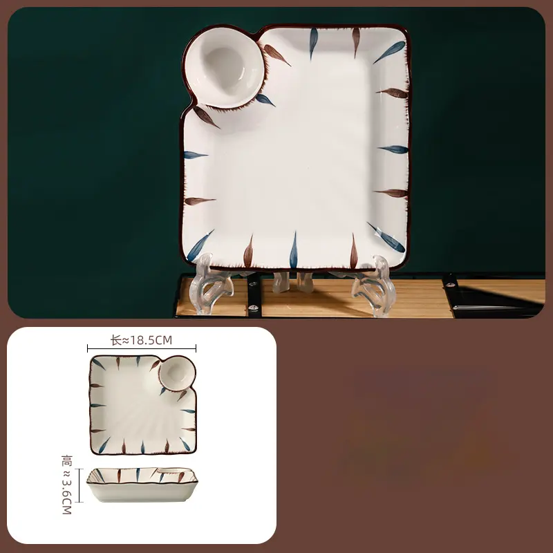 Creative Ceramic Square Dumpling Disc Japanese French Fries With Dipping Dish Household Single-handle Plate Kitchen Supplies