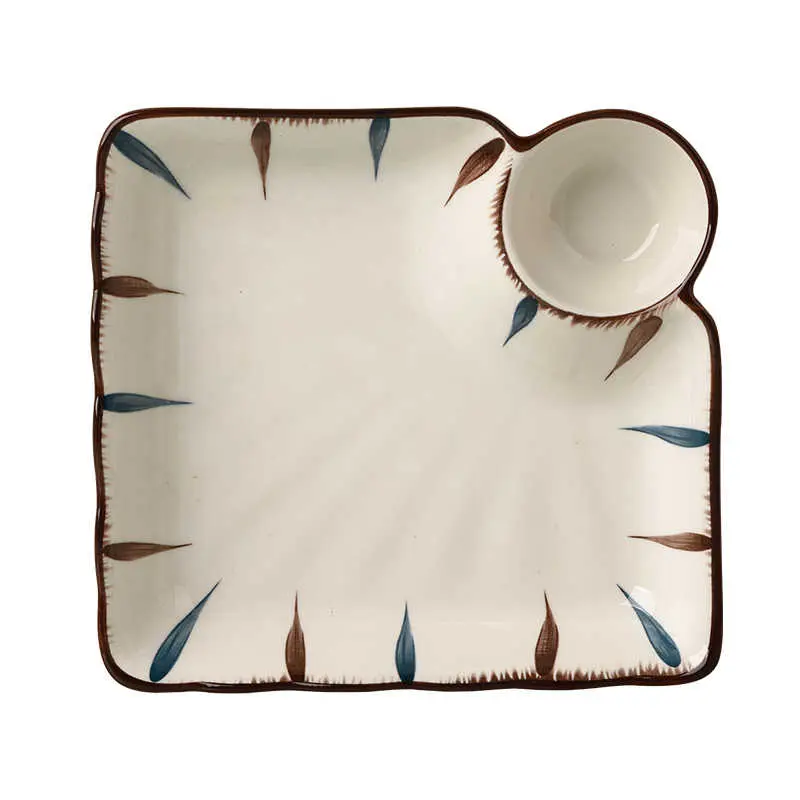 Creative Ceramic Square Dumpling Disc Japanese French Fries With Dipping Dish Household Single-handle Plate Kitchen Supplies