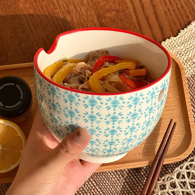 Japanese Blue Print Ceramic Breakfast Bowl Creative With Holes Noodle Bowls Household Simple Rice Bowl Tableware