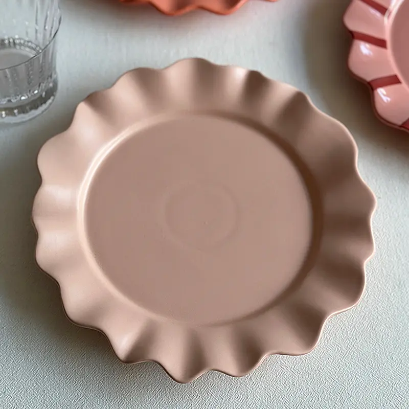European Style Matte Ceramic Plates Solid Colours Simple Large Capacity Dinner Plate Wave Edge Restaurant Steak Flat Disc