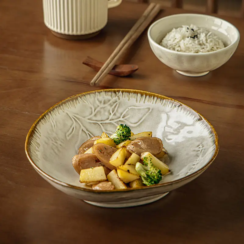 High-grade Embossed Ceramic Plates Household 2025 New Salad Plate Vintage Glazed Change Vegetable Plate Kitchen Tableware