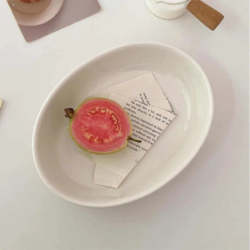 Korean Simple Oval Plate Ceramic Salad Spaghetti Dish Household Solid Colour Breakfast Dessert Tray 20.5cm Tableware