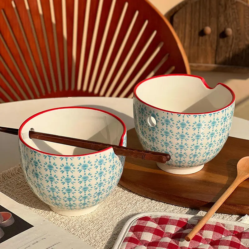 Japanese Blue Print Ceramic Breakfast Bowl Creative With Holes Noodle Bowls Household Simple Rice Bowl Tableware