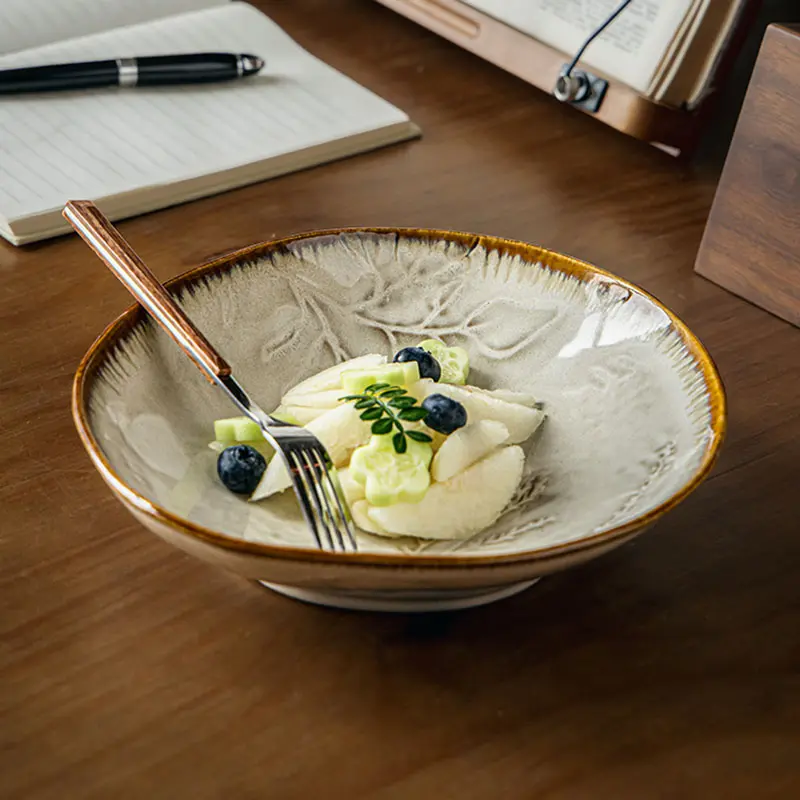 High-grade Embossed Ceramic Plates Household 2025 New Salad Plate Vintage Glazed Change Vegetable Plate Kitchen Tableware