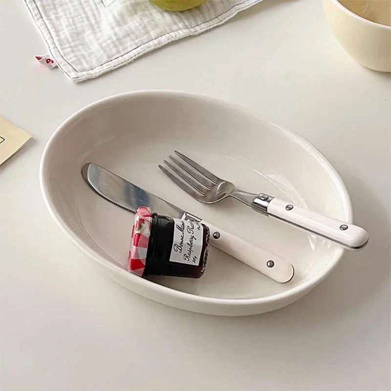 Korean Simple Oval Plate Ceramic Salad Spaghetti Dish Household Solid Colour Breakfast Dessert Tray 20.5cm Tableware