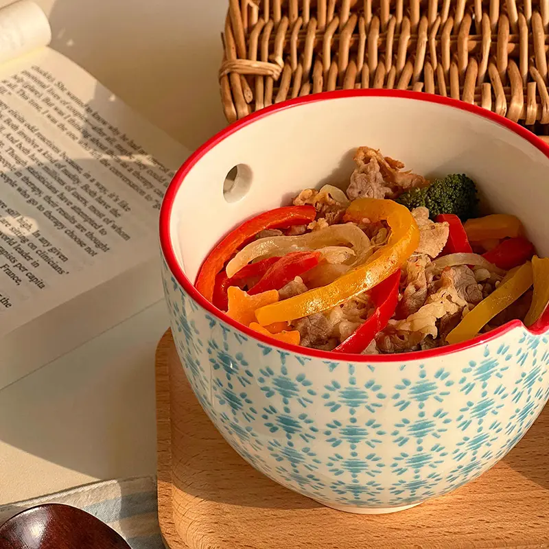 Japanese Blue Print Ceramic Breakfast Bowl Creative With Holes Noodle Bowls Household Simple Rice Bowl Tableware