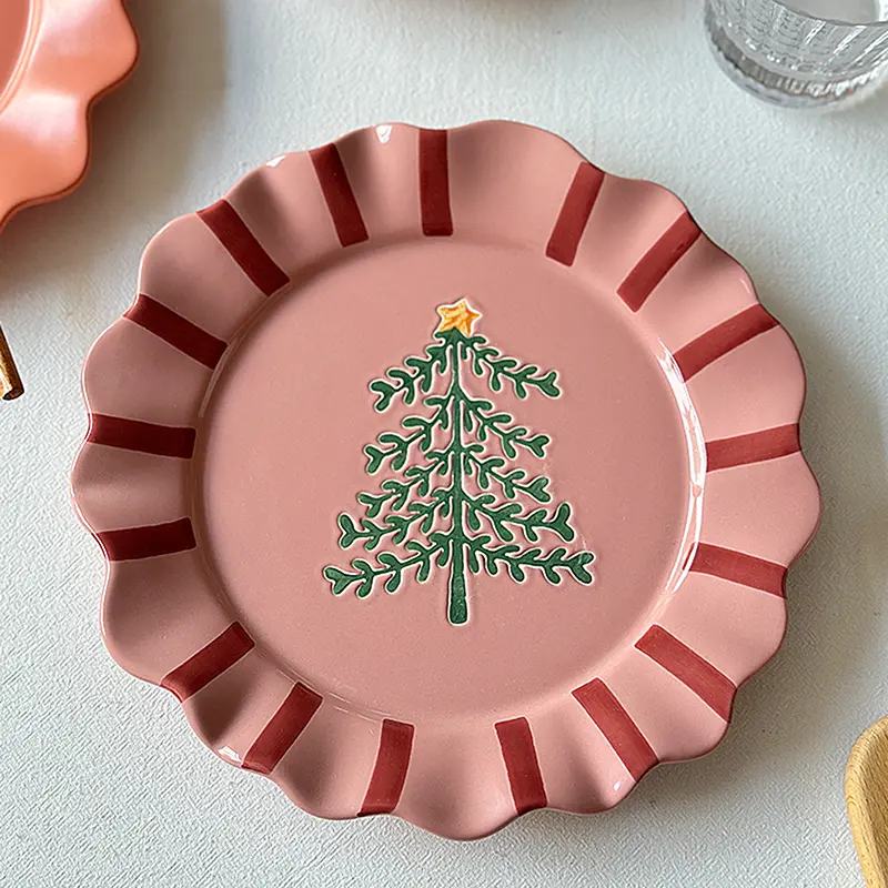 European Style Matte Ceramic Plates Solid Colours Simple Large Capacity Dinner Plate Wave Edge Restaurant Steak Flat Disc