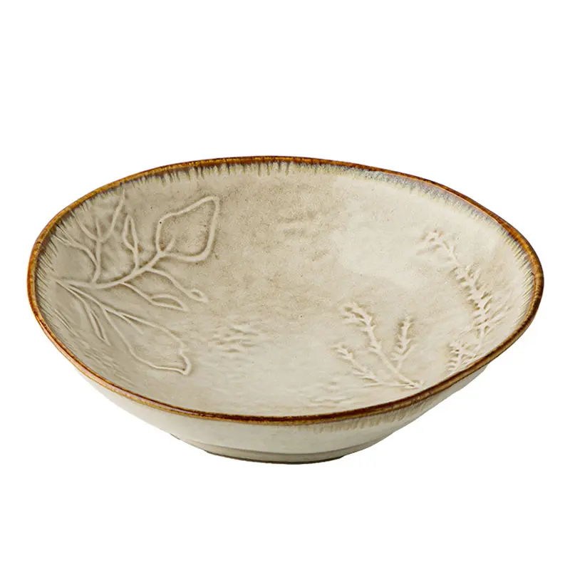 High-grade Embossed Ceramic Plates Household 2025 New Salad Plate Vintage Glazed Change Vegetable Plate Kitchen Tableware