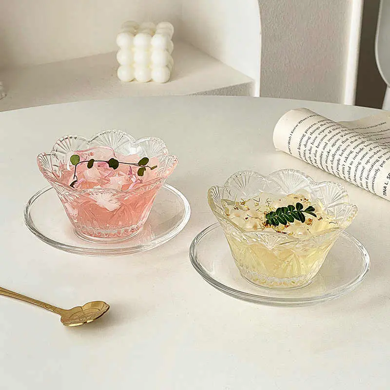 Petal Embossed Glass Dessert Bowl Yogurt Ice Cream Bowl Household Oatmeal Breakfast Bowl Simple Pastry Dish Tableware