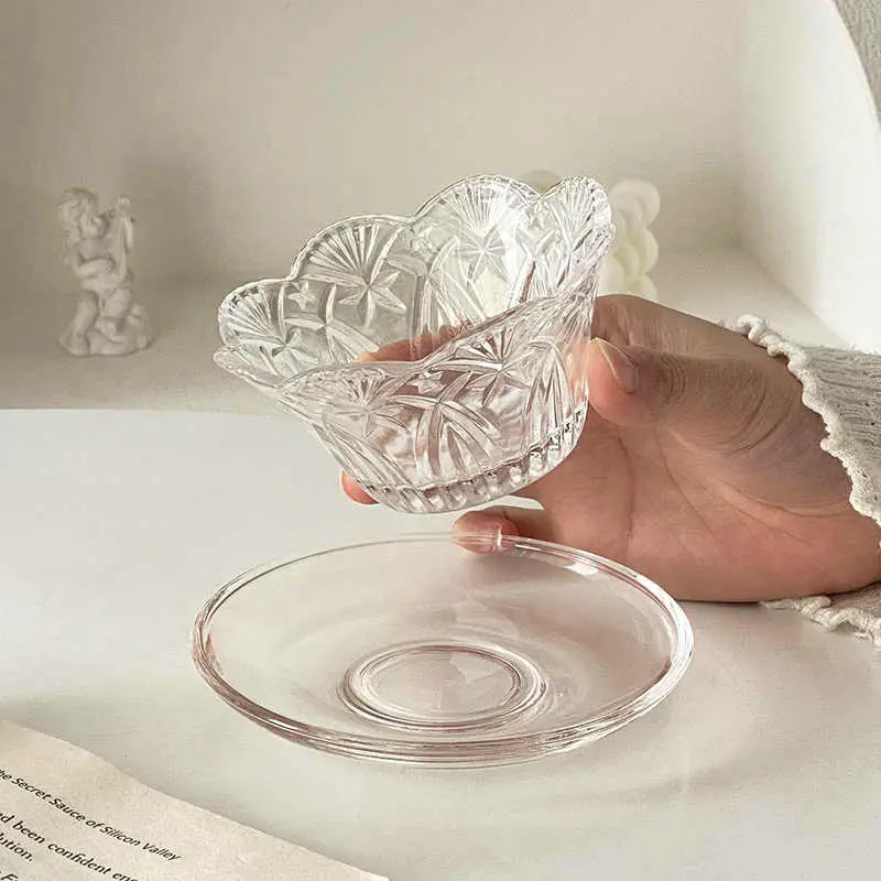 Petal Embossed Glass Dessert Bowl Yogurt Ice Cream Bowl Household Oatmeal Breakfast Bowl Simple Pastry Dish Tableware
