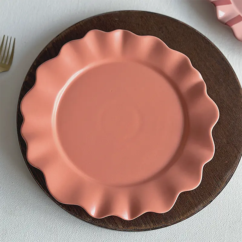 European Style Matte Ceramic Plates Solid Colours Simple Large Capacity Dinner Plate Wave Edge Restaurant Steak Flat Disc