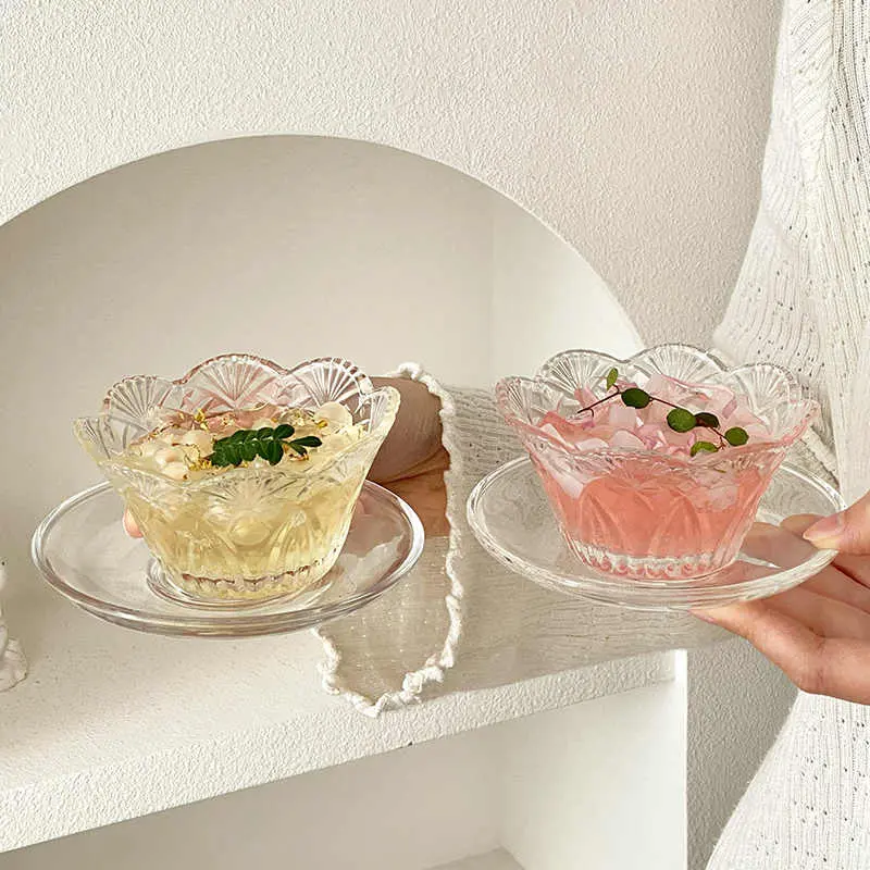 Petal Embossed Glass Dessert Bowl Yogurt Ice Cream Bowl Household Oatmeal Breakfast Bowl Simple Pastry Dish Tableware