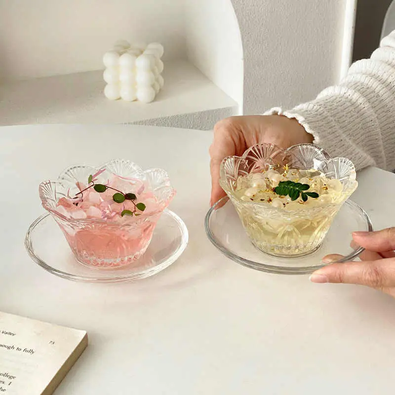 Petal Embossed Glass Dessert Bowl Yogurt Ice Cream Bowl Household Oatmeal Breakfast Bowl Simple Pastry Dish Tableware