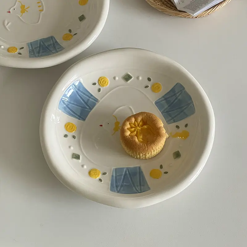 Creative Ceramic Dinner Plate Relief Hand-painted Underglaze Dessert Pastry Dish Cartoon Breakfast Disc Household Tableware