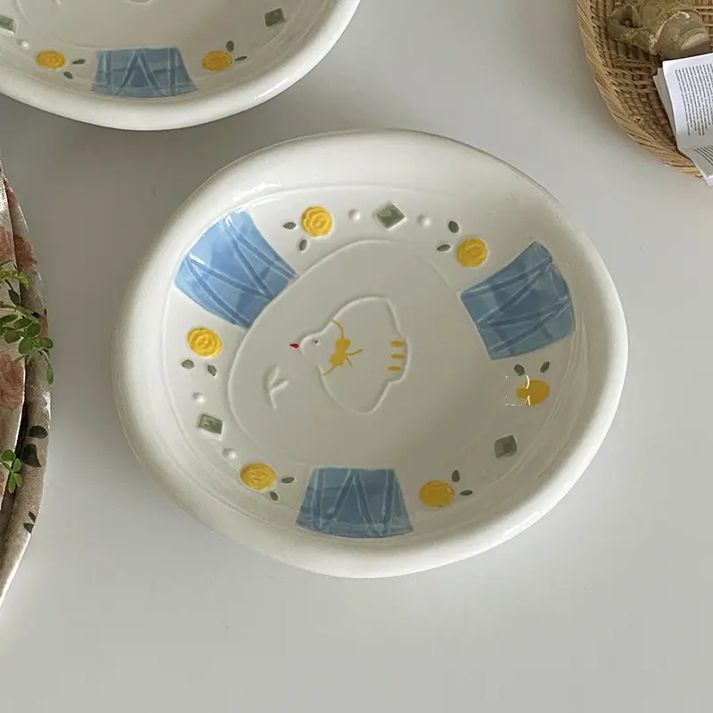 Creative Ceramic Dinner Plate Relief Hand-painted Underglaze Dessert Pastry Dish Cartoon Breakfast Disc Household Tableware