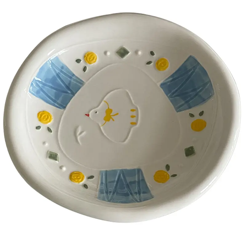 Creative Ceramic Dinner Plate Relief Hand-painted Underglaze Dessert Pastry Dish Cartoon Breakfast Disc Household Tableware