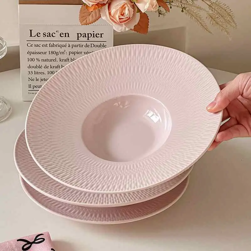 French Relief Straw Hat Plate Delicate Pink Western Dessert Tray Ceramic Spaghetti Plates Kitchen Tableware Supplies