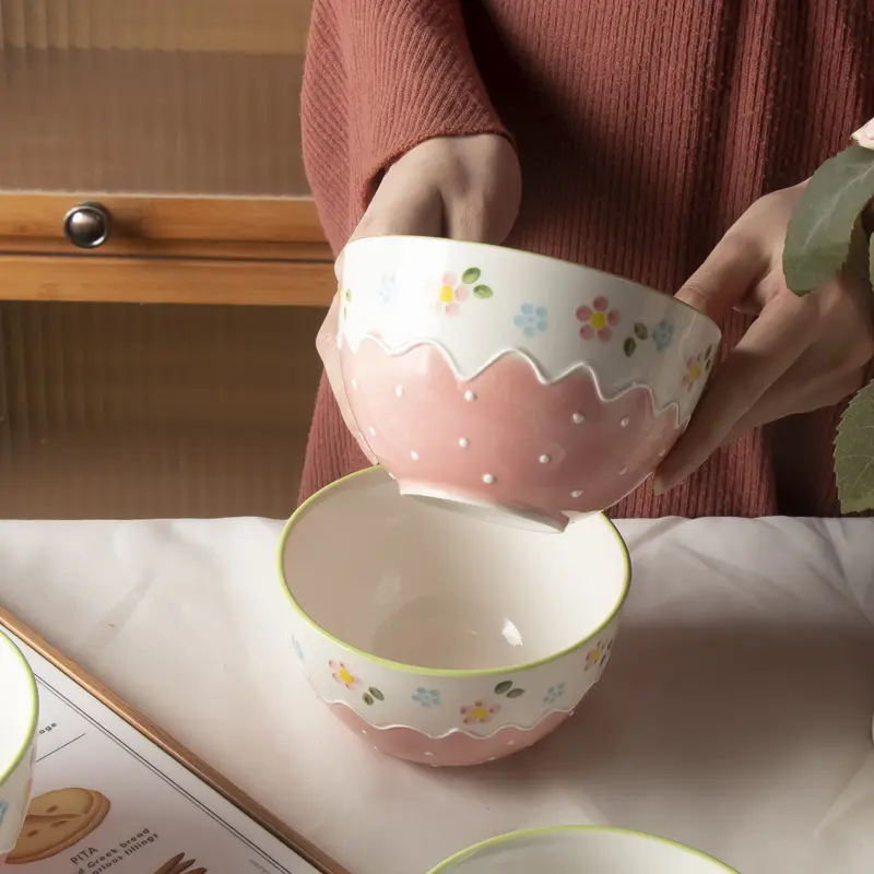 High-quality Ceramic Bowls Underglaze Color Relief Rice Bowl Household Large Capacity Ramen Soup Bowls Kitchen Tableware