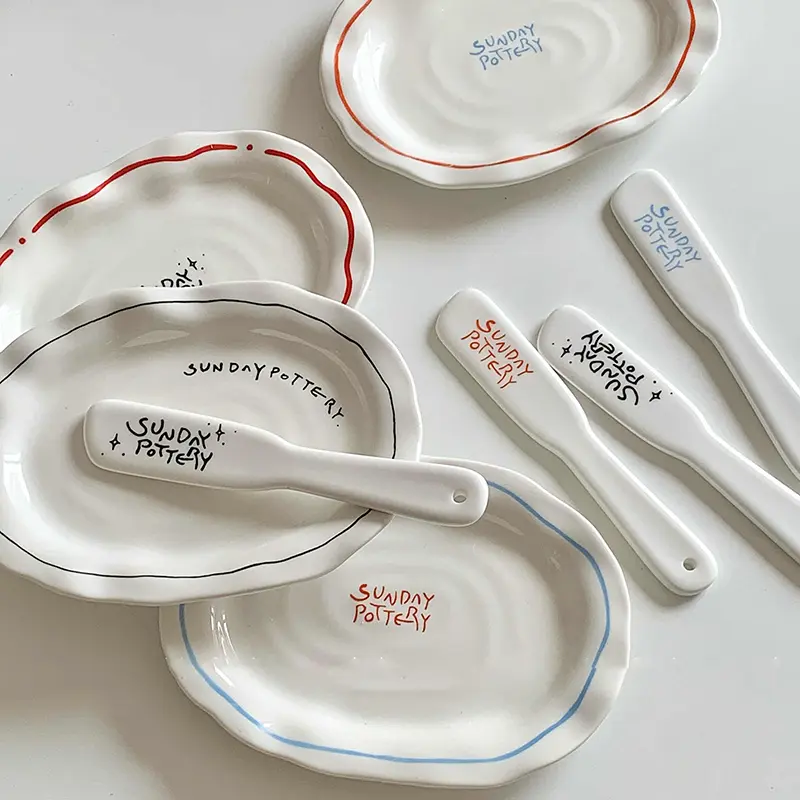 Ceramic Oval Dessert Plate Irregular Retro Letter Print Pastry Disc Butter Knife Korean Breakfast Plate Tableware