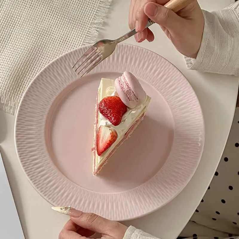 French Relief Straw Hat Plate Delicate Pink Western Dessert Tray Ceramic Spaghetti Plates Kitchen Tableware Supplies