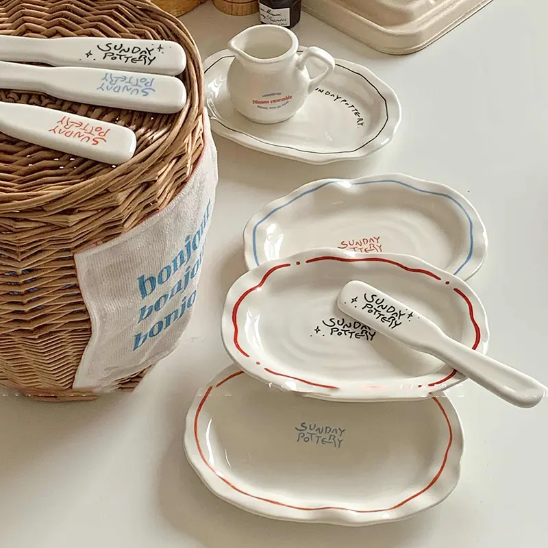 Ceramic Oval Dessert Plate Irregular Retro Letter Print Pastry Disc Butter Knife Korean Breakfast Plate Tableware