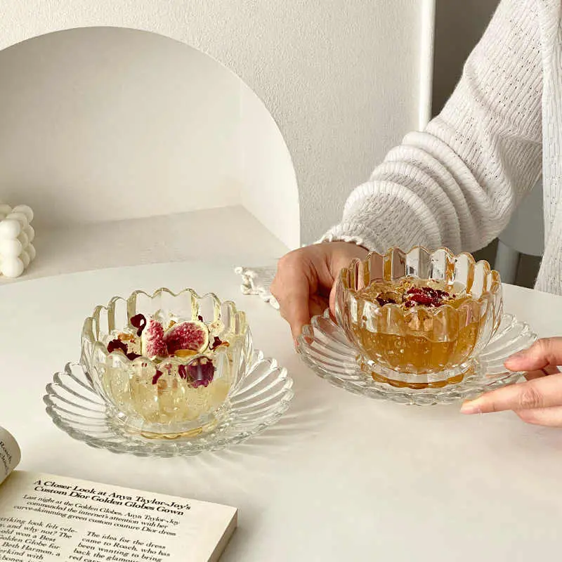 Glass Dessert Bowls Dishes Spoons Set Delicate Fruit Yogurt Bowl Snack Plate Household Flower Tea Bowl Afternoon Tea Utensils
