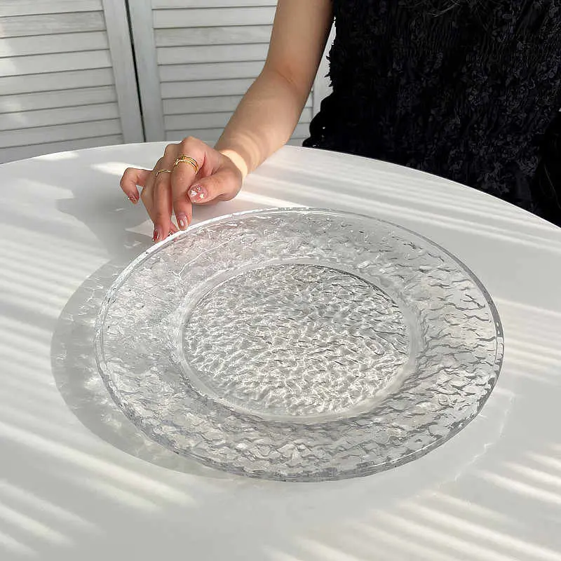 Glacier Pattern Glass Round Fruit Plate Household Dessert Salad Cake Disc Simple Dinner Tray Dessert Dish